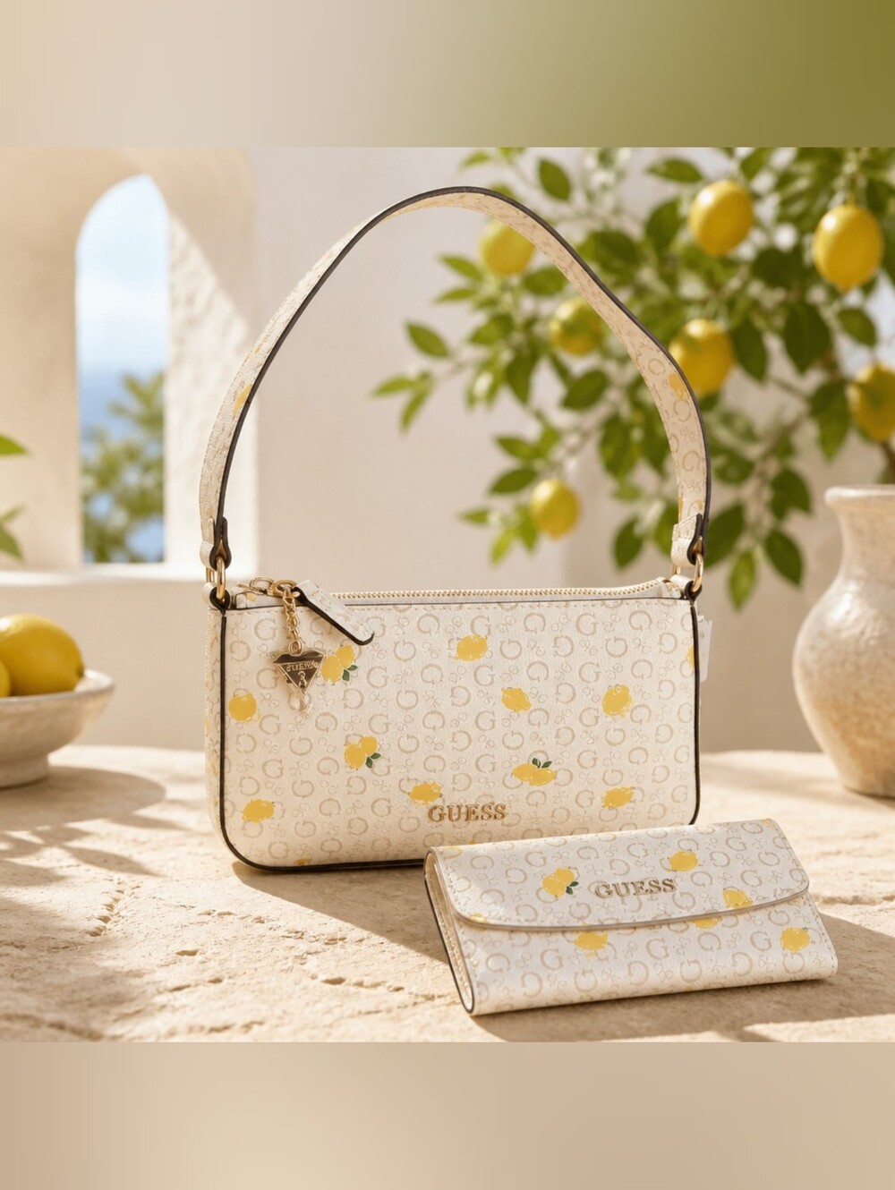 GUESS Cream Lemon Print Shoulder Bag & Wallet 2-Piece Set